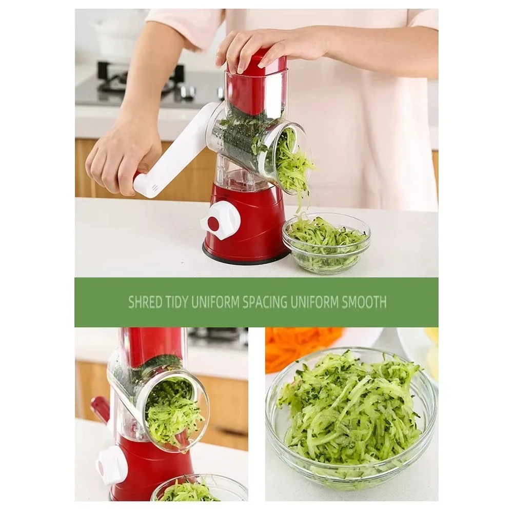 Manual‎ Rotary Vegetable Cutter & Grater 3-Blade – Kitchen Food Slicer, Red